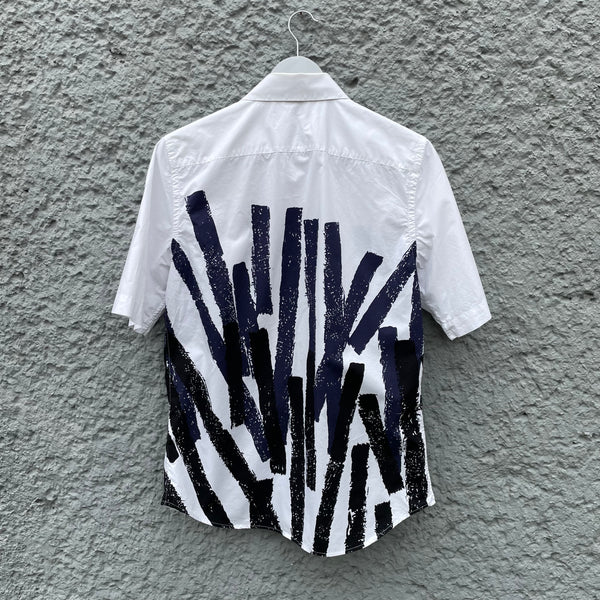 Marni Blue and White Abstract Bar Print Short-Sleeved Shirt