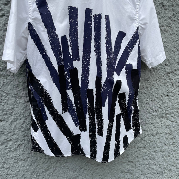 Marni Blue and White Abstract Bar Print Short-Sleeved Shirt