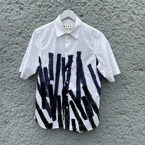 Marni Blue and White Abstract Bar Print Short-Sleeved Shirt