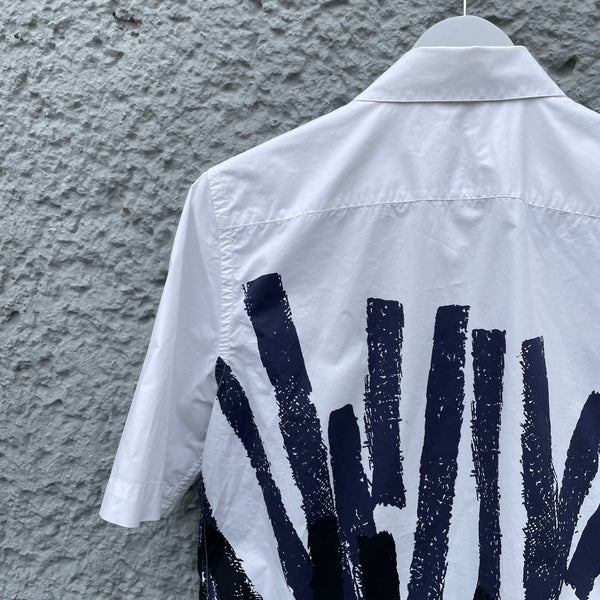 Marni Blue and White Abstract Bar Print Short-Sleeved Shirt