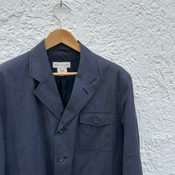 Dries van Noten Blue Relaxed Pinstriped Blazer Close-Up
