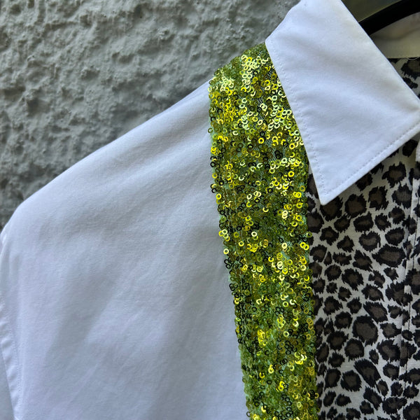 Comme des Garcons Homme Plus White Sequin Leopard Print Shirt S/S18 Close-Up