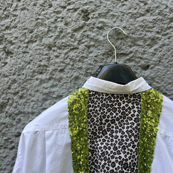Comme des Garcons Homme Plus White Sequin Leopard Print Shirt S/S18 Close-Up