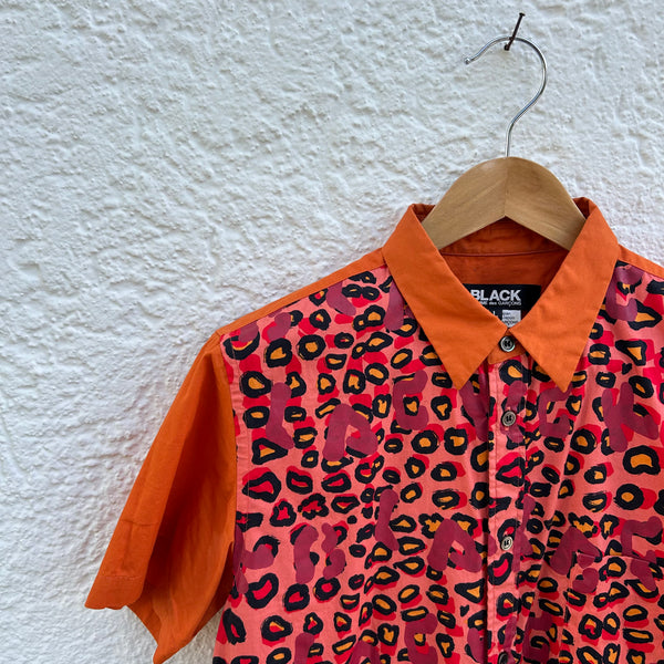 Comme des Garcons Black Orange Leopard Print Short-Sleeved Shirt Close-Up