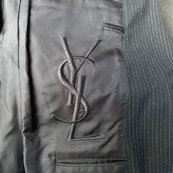 Yves Saint Laurent by Tom Ford Dark Blue Pinstripe Suit Logo Detail