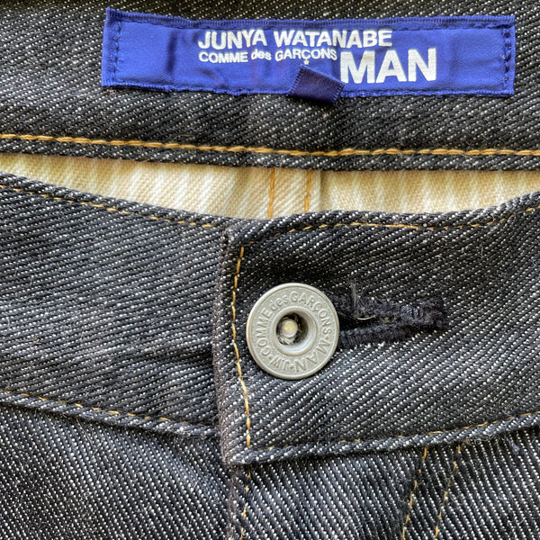 Junya Watanabe Raw Denim Jeans with Attached Tartan Fabric F/W14 Close-Up