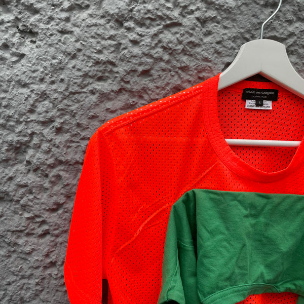 Comme des Garcons Homme Plus Orange Green Mesh Cut-Out T-Shirt S/S19 Close-Up