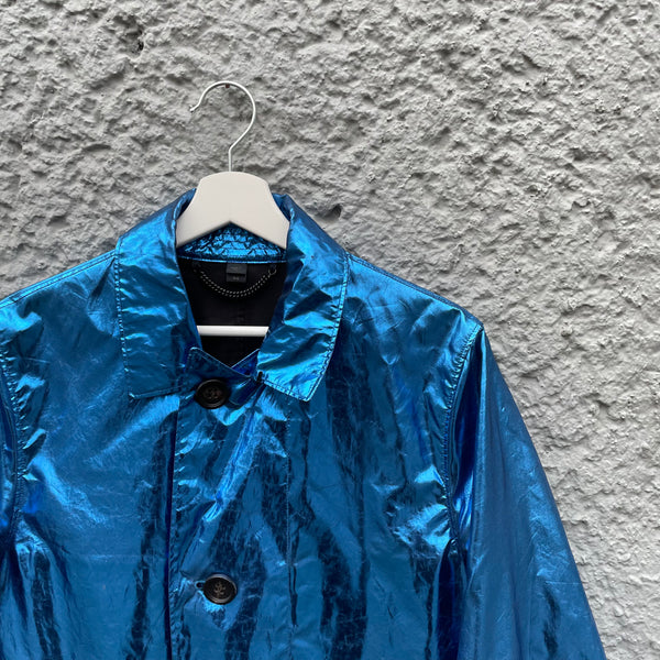 Burberry Prorsum Blue Light Metallic Silk Coat S/S13 Close-Up