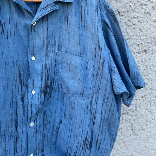 Blue Short-Sleeved Shirt with Camp Collar