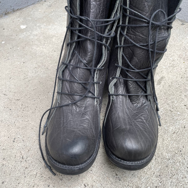 Black Bison Leather High Combat Boots