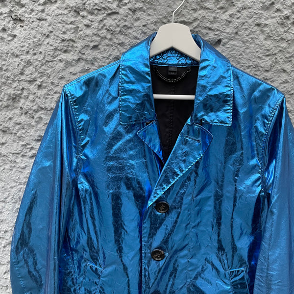 Burberry Prorsum Blue Light Metallic Silk Coat S/S13 Detail
