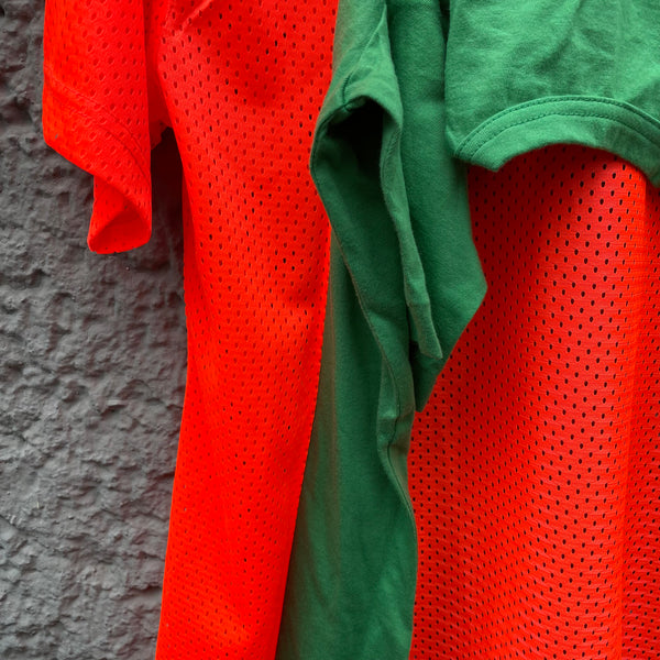 Comme des Garcons Homme Plus Orange Green Mesh Cut-Out T-Shirt S/S19 Close-Up