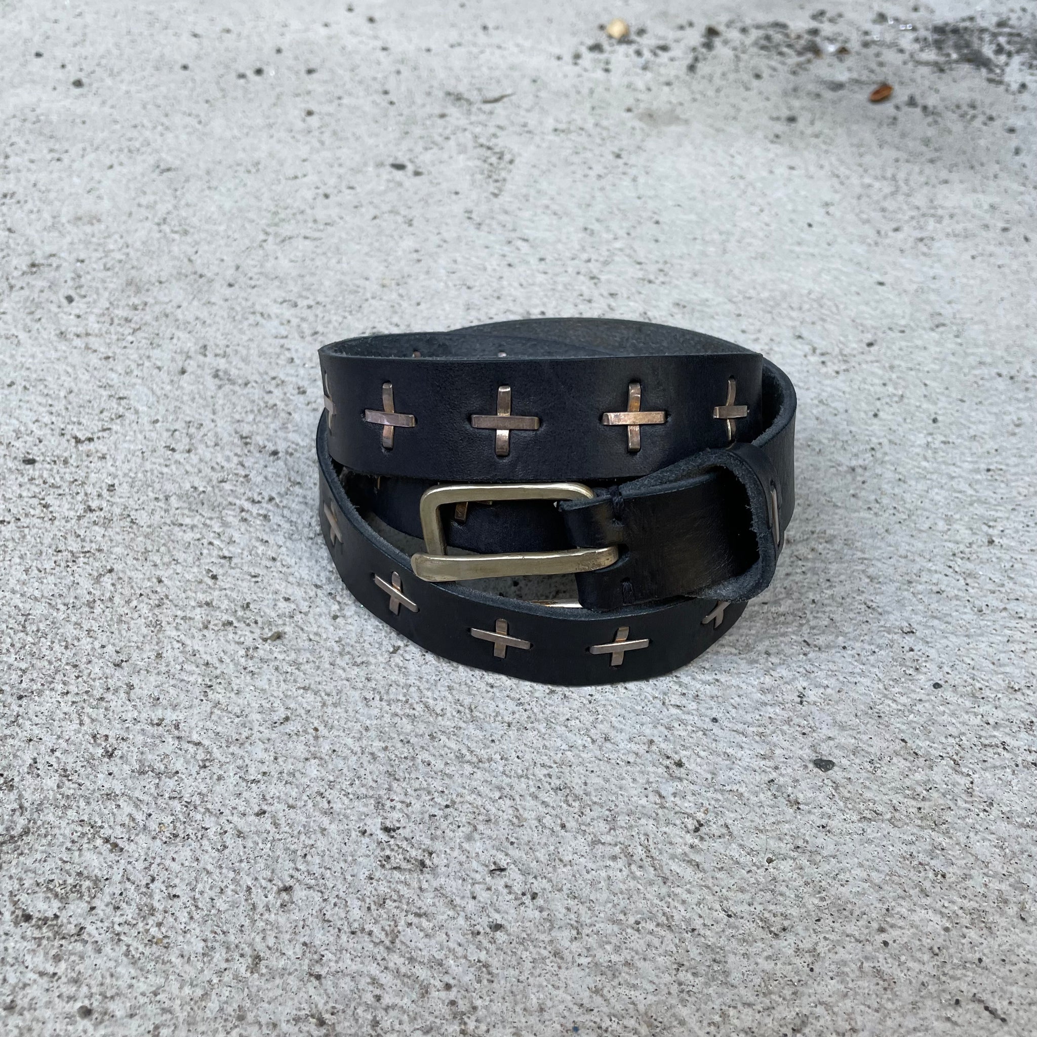 Ma+ Maurizio Amadei Black Leather Belt with Silver Crosses
