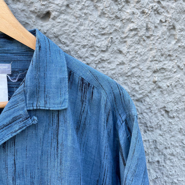 Blue Short-Sleeved Shirt with Camp Collar